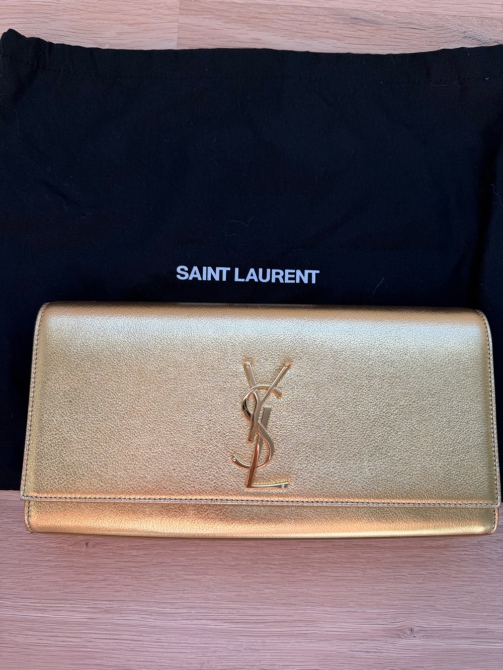 RARE! Saint Laurent Gold Clutch with YSL Gold Logo- Summer Clutch!